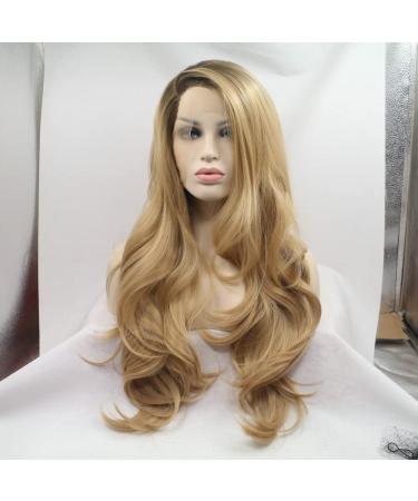 Drag Queen Long Wave Wig | Brown Roots Ombre Blonde Synthetic Lace Front Wig for Women | 61 cm Everyday Cosplay & Party Style - Buy Online on GoSupps.com