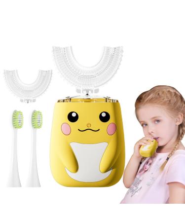 ELOTAME Kids U Shaped Electric Toothbrushes with 4 Brush Heads Cartoon Automatic Sonic Toothbrush for Age 8-15 Toddler Toothbrush with Toothbrush Travel Cup Case Yellow Smiley Face Age 8-15