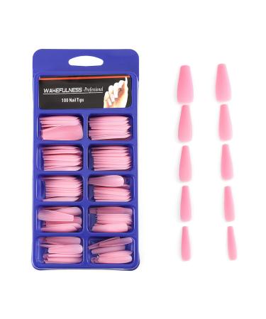 Sethexy Matt Ballerina false nail long coffin false fingernails 100st acrylic art press on nail tips for women and girls (pink)