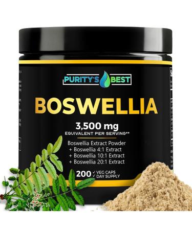 Purity s Best BOSWELLIA SERRATA 4X + 10x + 20x Extract 3 500 mg Eq. Per Serving Boosts Immune Support Joint Muscle Mobility and Muscle Relief Max Strength 200 Veggie Caps 100% Vegan