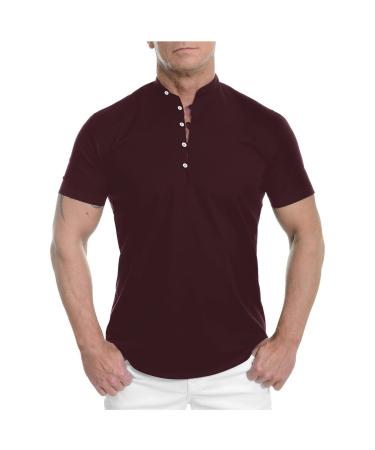 MIUERSA Men Summer Thin T-Shirt Casual Cool Ice Silk Regular-Fit Button Stand Collar Short Sleeve Shirts Tops Blouses Wine Medium
