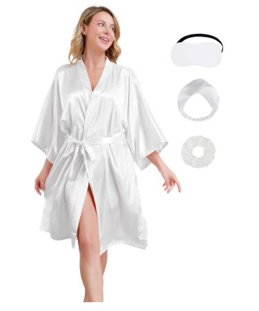 MEIKLE Silky Robes for Women Party Wedding Short Floral Kimono with Blindfold Hair Bands Elastic Hair Scrunches Cs-white S/M
