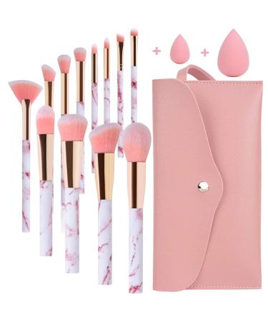 Makeup Brushes Sets Start Makers Professional 12Pcs Pink Marble Brush Set with Foundation Concealer Blush Eyeshadow Beauty Blender and Make Up Bag