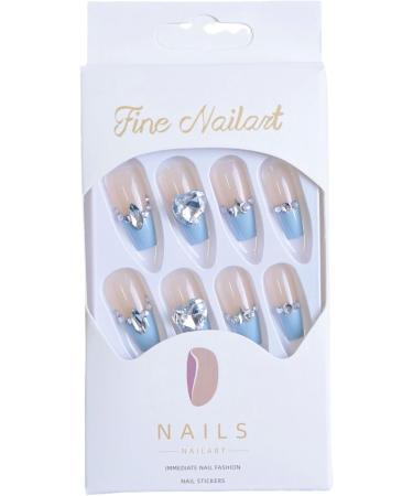 French Tip Press on Nails - Mid length Press On Nails with Nail Tips Blue Edge Love Diamond Chain Design Glossy white press on nails Acrylic False Nails Cute Artificial Nails - Buy Online on GoSupps.com