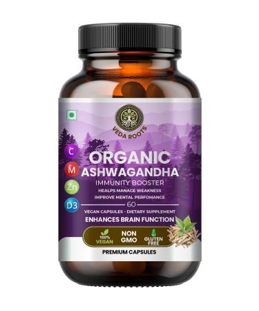 Veda Roots Ashwagandha KSM 66 Pure Organic Root Powder Extract Ayurvedic Supplement - Focus Mood Support Increase Energy Strength 600mg of Natural KSM66 for Superior Absorption - 60 Capsules