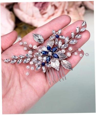 Bridal Sapphire Crystal Hair Comb Pearl Blue Crystal Leaf Marquise Hair Piece Prom Party Festival Wedding Hair Accessories for Women and Girls (Silver) Hair Comb Slides - Buy Online on GoSupps.com