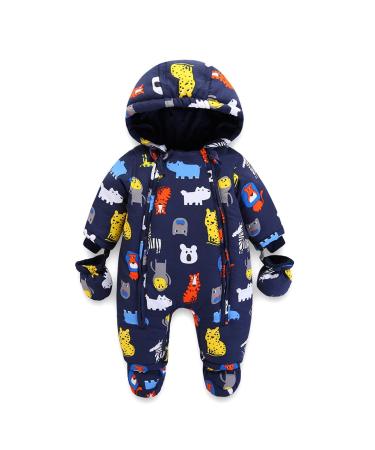 Lobmouse Baby Winter Snowsuit Jumpsuit Winter Boys Girls Romper Hooded Zipper Booties Toddler Infant Coat Outfit Snow Wear Suit Thick Warm 18-24Months Dark Blue Animals 18-24 Months