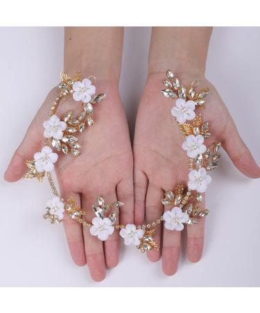 Chargances Bridal White Flower Hair Vine Wedding Leaf Crystal Headband Dainty Pearl Statement Handmade Hair Accessories for Women and Girls Brides (Gold)