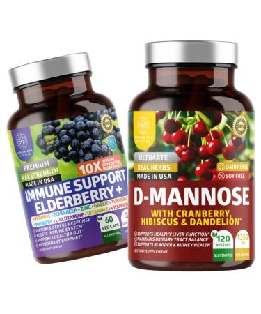 Number One Nutrition N1N Premium D-Mannose with Cranberry & Hibiscus 1350mg 120 Capsules and Immune Support Booster with Elderberry Vitamin C Echinacea & Zinc 60 Capsules 2 Pack Bundle
