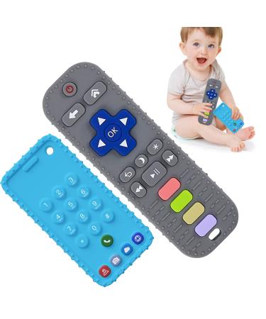 Silicone Remote Control Shape Baby Teething Toys 2 Pack Chew Toys for Baby Boys and Girls Teeth Early Sensory Toys Silicone Teether Toy for Babies 3-12 Months Grey+Blue