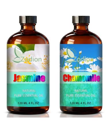 Chamomile Essential Oil 4 Fl Oz and Jasmine Essential Oil 4 Fl Oz - Chamomile & Jasmine Oil for Diffuser Aromatherapy Home Fragrance Skin & Hair Care DIY Candle & Soap Making Yoga