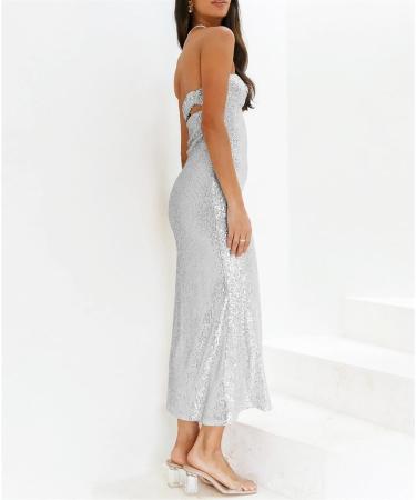 Tube Long Dresses for Women Sequined Solid Color Bodycon Strapless Off Shoulder Bandeau Dress Sexy L Silver - Buy Online on GoSupps.com