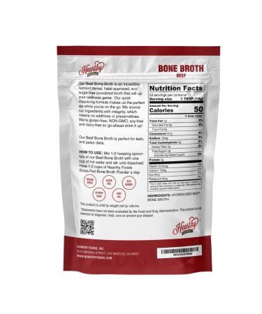 Hearthy Foods Grass-Fed Beef Bone Broth Powder 16 oz | Keto & Paleo Friendly, Halal Certified, Non-GMO | Immunity & Bone Health Support - Buy Online on GoSupps.com