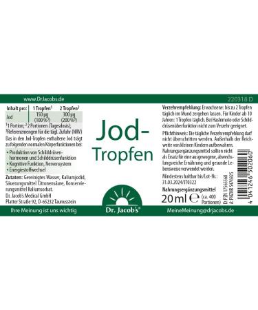 Dr. Jacobs Iodine Drops 20ml - 400 Drops Vital Trace Element for Energy Metabolism & Thyroid Health - International Shipping Available - Buy Online on GoSupps.com