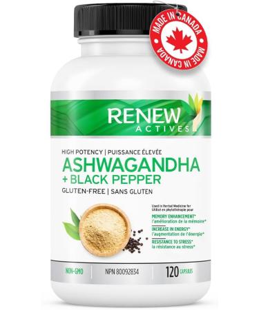 Renew Actives Organic Ashwagandha Capsules + Black Pepper for Maximum absorption - Used in Ayurveda as a Sleep Aid Memory Support Energy & Overall Wellness - Non-GMO Vegan & Gluten Free - 120 Easy-to-Swallow Capsules - Made in Canada. 120 count (Pack of 1 - Buy Online on GoSupps.com