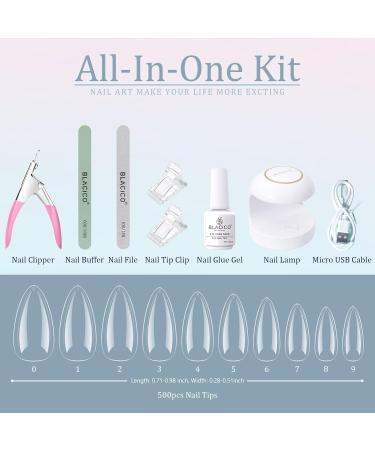 Blacico Nail Tips and Glue Gel Nail Kit - 500pcs Gel Tips, 5 in1 Gel Glue, UV/LED Lamp - Almond Acrylic Kit for Women - Buy Online on GoSupps.com