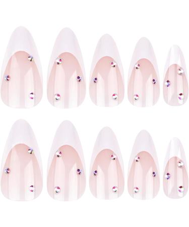 Medium length simple French white dot diamond sparkling diamond almond shaped false nails French Tip Press on Nails with Nail Tips Acrylic False Nails Cute Artificial Nails for Women and Girls - Buy Online on GoSupps.com