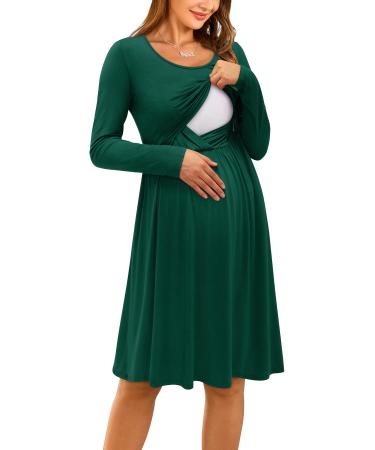 OUGES Womens V-Neck Long/Short Sleeve Casual Floral Maternity Dresses Nursing Gown Breastfeeding Dress with Pockets L Green592