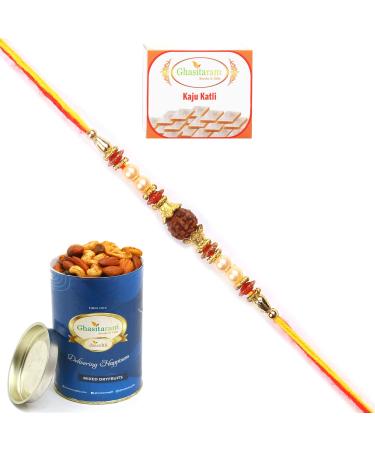 Ghasitaram Gifts Rakhi for Brother Rakhis Online 6168- Rudraksh Rakhi with 100 GMS of Dryfruits Mix Can 200 GMS of Kaju katli Rakhi & 100g Dryfruits Mix Can 200g Kaju katli