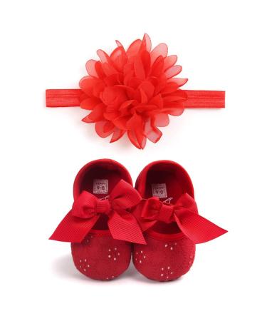 MACHSWON Baby Girls First Walking Shoes Bow-Knot Mary Jane Flats Elastic Band Soft Cotton Anti-Slip Soft-Soled Princess Christening Shoes Infant Girls Outdoor Shoes with Headband 6-12 Months Red
