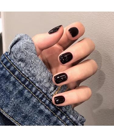 Press on Nails Short Round Fake Nails Black False Nails Gloss reusable Press on Nails Designs Acrylic Nails Press on Artificial Nails Stick on Nails For Women Girls 24Pcs