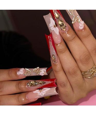 Long Press on Nails Coffin Rhinestones Acrylic Fake Nails with 3D Alloy Butterfly Design Glue on Glossy Full Cover Artificial Gel False Stick on Nail for Girls Women Wedding Manicure 24Pcs Rhinestones with 3D Alloy Butterfly A01