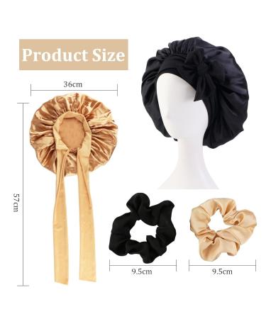 Silk Sleep Hood Set - 2 Adjustable Bonnets & Hair Ties for Women | Black & Gold Satin Night Caps - Buy Online on GoSupps.com