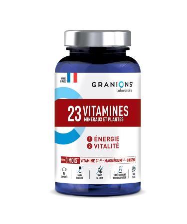 GRANIONS 23 VITAMINS - Magnesium Vitamin D Vitamin C Zinc Chromium Ginseng Selenium Iodine - Energy & Vitality - Anti Fatigue - 90 Tablets - 3 Months Format - Made in France