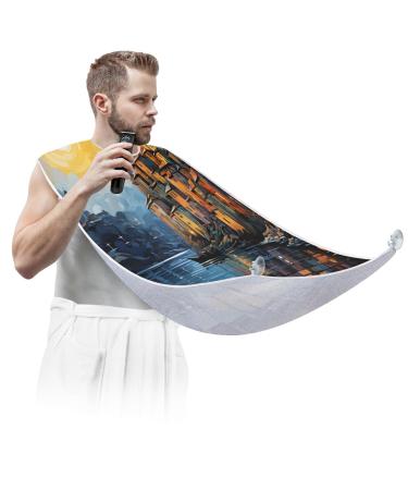Oil Painting City Landscape Beard Bib Apron Beard Hair Catcher for Men Shaving Fathers Day Anniversary Christmas Gifts for Dad Husband Beard Bib with 2 Suction Cups