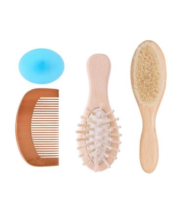 4 Piece Baby Hair Brush Set  Natural Soft Goat Bristles  Prevents & Treats Cradle Cap  Wooden Comb  Baby Brush for Massage  Perfect Baby Registry Gift