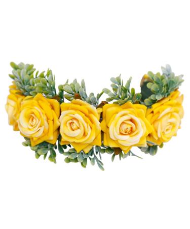 minkissy Flower Headband Floral Headdress Artificial Rose Hair Wedding Fabric Hair Band Cosplay Headwear for Girls Women Brides Yellow