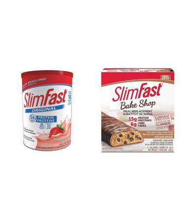 SlimFast Original Meal Replacement or Weight Loss Shake Mix Powder - 530g - Strawberry Supreme Flavour & 1 Box of Slimfast Bake Shop Meal Replacement Bars with 15g of Protein & 5g Fiber