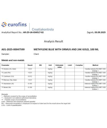 Methylene Blue & Ormus & Gold 3.4 Fl Oz - 100 ml | Ultra High Purity | with 10 ppm Colloidal Gold 24K | Glass Bottle | Third-Party Tested | Heiltropfen  - Buy Online on GoSupps.com
