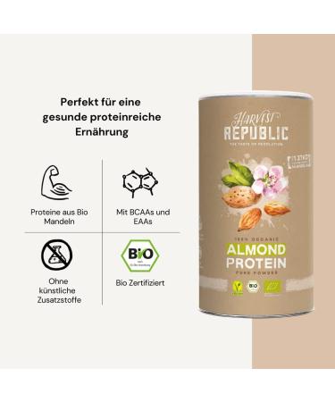 HARVEST REPUBLIC Organic Almond Protein Powder - 550g 50% Protein Creamy & Easily Soluble - Premium Organic Food for International Shipping - Buy Online on GoSupps.com