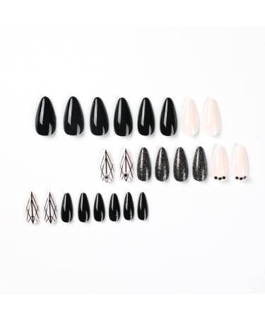 Justotry 24 Pcs Striped Stiletto False Nails Short - Trendy Almond Glitter Fake Nails with Nail Glue for Women - Black French Press on Nails - Nail Art - Buy Online on GoSupps.com