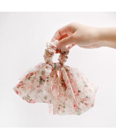 2PCS Floral Hair Scarf with Ribbon Bow for Women and Girls - Silk Long Tails Scrunchy Elastics Ponytail Holder - Buy Online on GoSupps.com