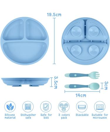 Vicloon Baby Silicone Suction Plate Set - 3 Non-Slip Divided Toddler Plates for Self Feeding and Training in Grey Blue/Green/Beige - Fits Most Highchairs - Buy Online on GoSupps.com