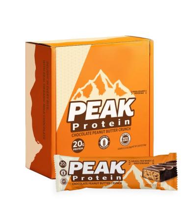 PEAK PROTEIN BARS - Chocolate Peanut Butter Crunch - Natural - Grass-Fed Whey - 20G Protein - Non-GMO - Gluten Free - Organic Milk Chocolate (12 Bars)
