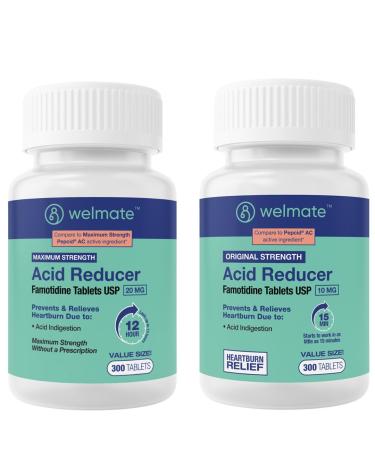 WELMATE Famotidine Heartburn Relief Bundle | 20mg Maximum Strength + 10mg Original Strength | 12hr Stomach & Acid Relief | 300 Tablets Each