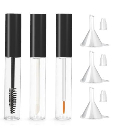 Set of 3/6 Mascara Tube Empty - Mascara Bottle and Wand Empty Glass 10ml Empty Mascara Tube and Wand Glass Amber Eyeliner Tube and Lip Gloss Tubes with Rubber Inserts and Funnels (1Set Black-a) 1Set Black-a