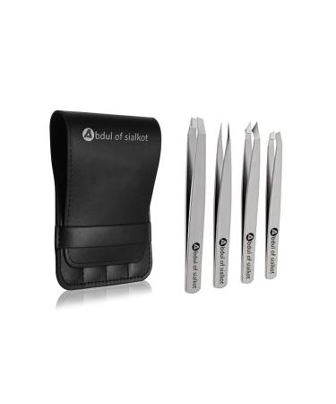Abdul of Sialkot Eyebrow Tweezer Set for Women & Men Professional Slant and Pointed Tweezers Set with Case Precision Tweezers Kit for Facial Hair Splinter and Ingrown Hair Removal(Sliver4 piece) (Sliver 4 Piece)