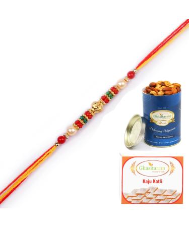 Ghasitaram Gifts Rakhi for Brother Rakhis Online - 6019 Pearl Rakhi for My Brother with 100 GMS of Dryfruits Mix Can 200 GMS of Kaju katli Rakhi & 100g Dryfruits Mix Can 200g Kaju katli