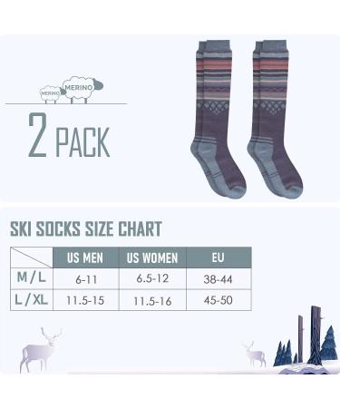 Merino Wool Ski Socks 2-Pack - Gray Medium, Over The Calf, Non-Slip Cuff for Men & Women - Buy Online on GoSupps.com