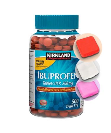 Kirkland Signature Ibuprofen 500 Tablets 200mg #808082 Bundle with Premium Pill Case for Travel Easy Carry. (1Pair Items) (Color May Vary)