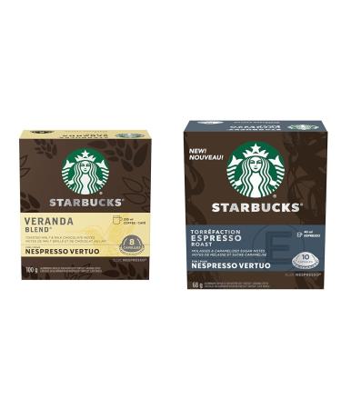Starbucks by Nespresso Veranda Blend Blonde Roast Coffee Pods Nespresso Vertuo Line Compatible Capsules 8 Coffee Pods & By Nespresso Espresso Roast Coffee Pods Dark Roast Nespresso Vertuo Line Coffee+Coffee Pods Veranda 8 count (Pack of 1)