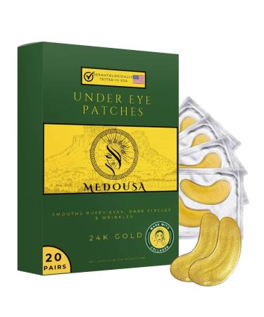 MEDOUSA Under Eye Patches (20 Pairs) Golden Eye Mask With Collagen Smooths Puffy Eyes Dark Circles & Wrinkles Skincare Treatment for Men & Women
