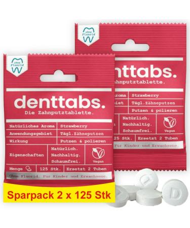 Denttabs Strawberry Toothbrushing Tablets - Complete Toothpaste Alternative - Fluoride Free - For Kids & Adults - Plastic Free - Preservative Free - 125 Count Bag