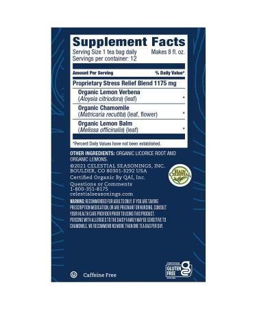 Celestial Seasonings Stress Relief Tea - Organic Lemon Verbena & Chamomile, Caffeine Free, 12 Bags - Buy Online on GoSupps.com