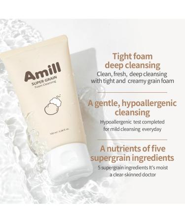 Amill Super Grain Foam Cleansing (100ml/3.39fl.oz) Gentle Facial Cleanser with Multi-Grain Extracts for Soft & Hydrated Skin - Buy Online on GoSupps.com