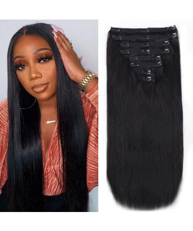 Straight Clip in Hair Extensions Real Human Hair Extensions for Black Women 8Pcs Remy Hair Extensions Clip in Human Hair with 18Clips Double Lace Weft 120g (20Inch, Natural Black) 20 Inch Natural Black